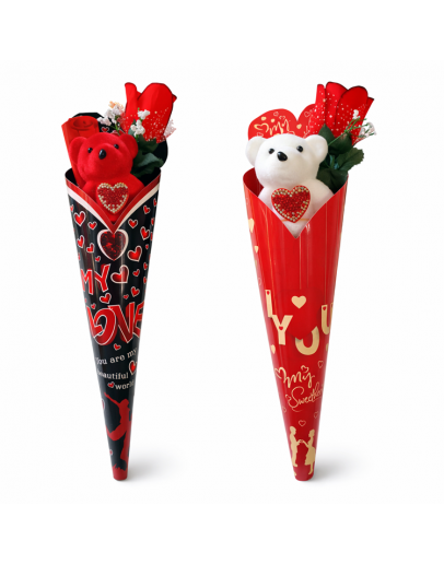 Романтичен букет с мече и декоративна роза – подарък с любов