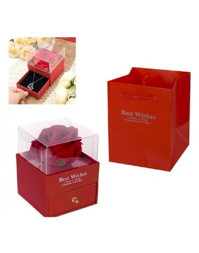 Подаръчна кутия за бижута с роза и чекмедже Елегантна кутия за бижута с чекмедже и роза под PVC купол